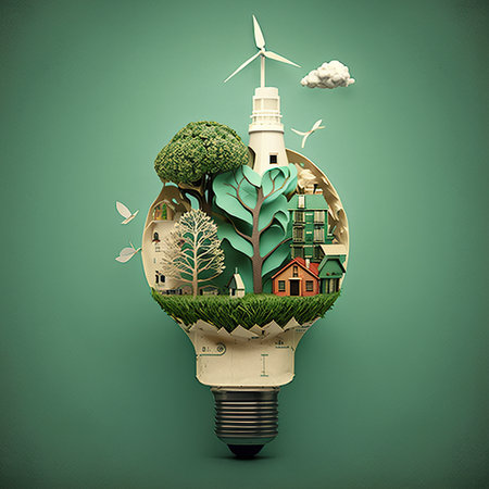 light bulb with city, windmill and tree, technology and innovation, sustainability, environmental harmony, climate change concept, Generative AIの素材