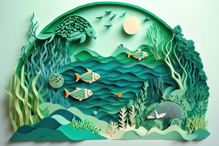 Ocean ecosystems paper art, World Environment Day, world Oceans day concept, Generate Aiの素材