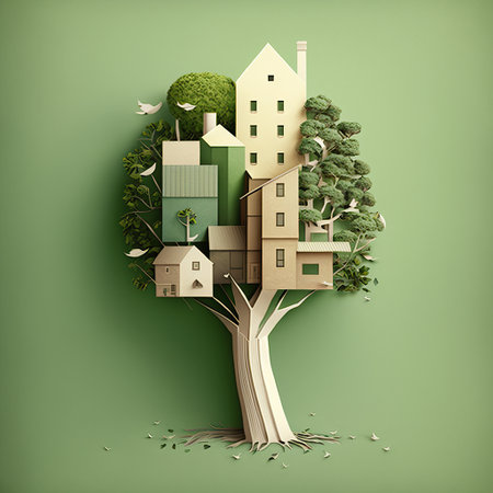Harmony of tree and city, sustainable living,  climate change awareness concept, Generative AIの素材