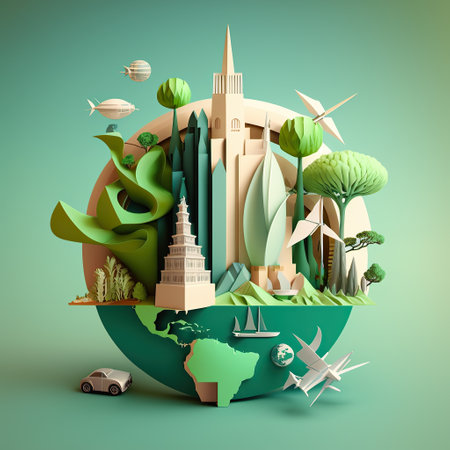 City, windmill and tree symbolize sustainable living, ecology, world environment day concept, Generative AIの素材