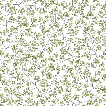 green leaves branches and flowers, freehand drawing in pencil illustration, seamless patternの写真素材