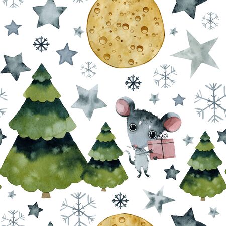 new year 2020, symbol of the year mouse, stars and snowflakes, seamless pattern watercolor illustrationの写真素材