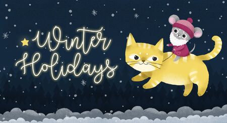 cute mouse santa claus on a cat, template for greeting card new year 2020, illustration