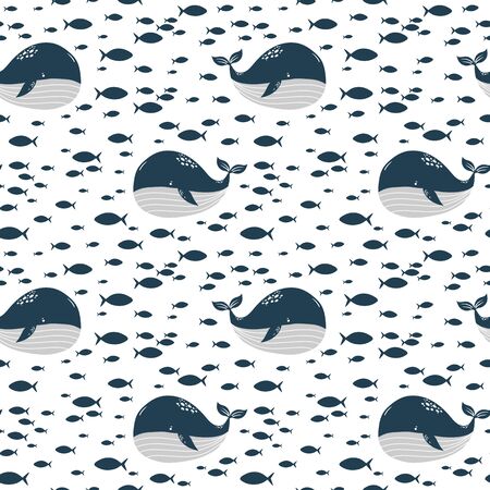 cute whale and little fish, seamless pattern, cartoon vector illustration hand drawingのイラスト素材