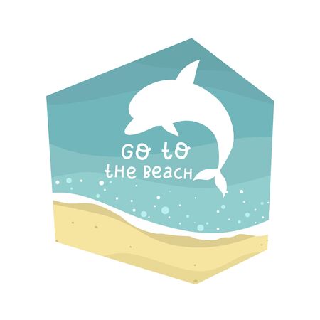 welcome to the beach and dolphin lettering hand drawing calligraphy, vector illustrationのイラスト素材