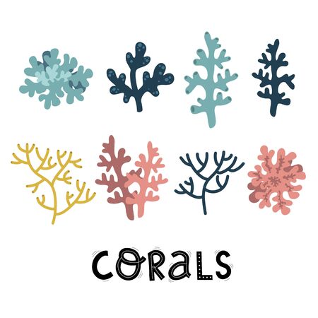 cute plants and coral, underwater world elements set, sea of ocean, vector illustrationのイラスト素材