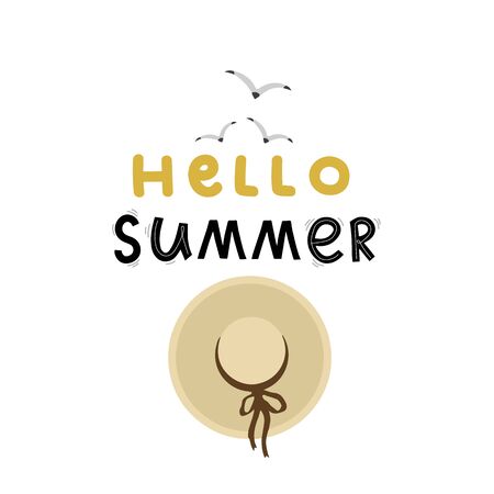 hello summer lettering hand drawing calligraphy, beach hat and birds, vector illustrationのイラスト素材