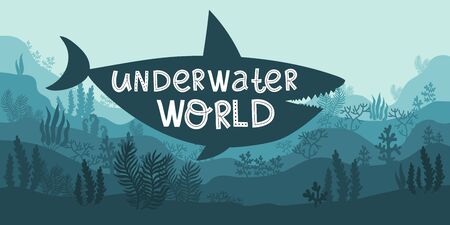 background ocean underwater world, shark and lettering, fish animals, algae and coral reefs, vector illustration hand drawingのイラスト素材