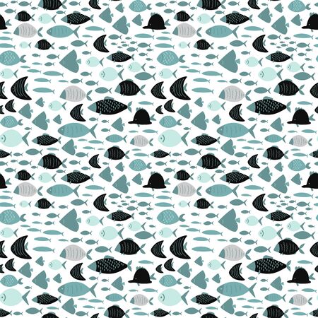 many different exotic fish, sea ocean seamless pattern, cartoon vector illustration hand drawingのイラスト素材