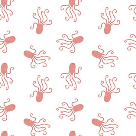 cute pink octopus squid, seamless pattern, cartoon vector illustration hand drawingのイラスト素材