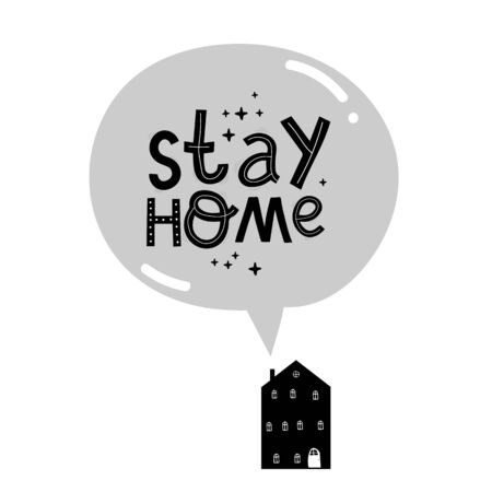 Stay at home. Hand drawn quote and house shape and cat isolated on white background. Vector typography lettering for home decor and advertising.のイラスト素材