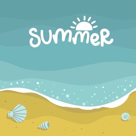 summer sea with waves mollusks background, beach yellow sand, vector design template, illustration hand drawingのイラスト素材