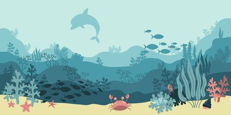 background underwater world, sea ocean, fish animals, algae and coral reefs, vector illustration hand drawingのイラスト素材