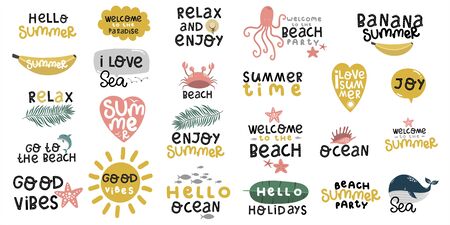 set of stickers about summer and sea, beach and ocean, beach party, lettering hand drawing calligraphy, vector illustrationのイラスト素材