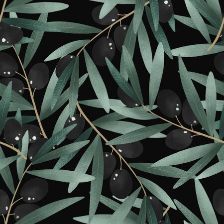olives branch, green herbal organic nature seamless pattern illustration, hand drawingの写真素材