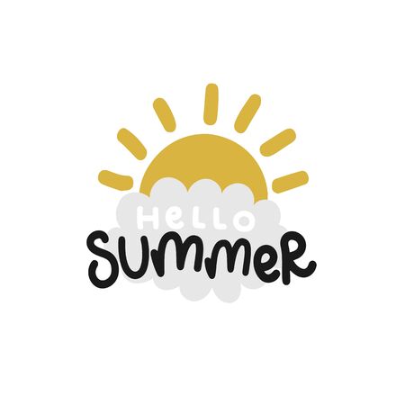 hello summer lettering hand drawing calligraphy, sun and cloud, vector illustrationのイラスト素材