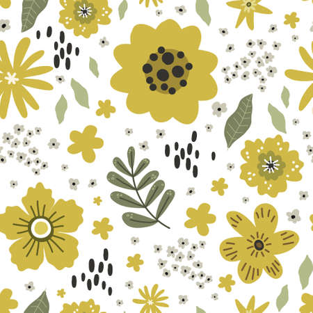 yellow flowers with leaves seamless pattern, vector hand drawing greeting card templateのイラスト素材