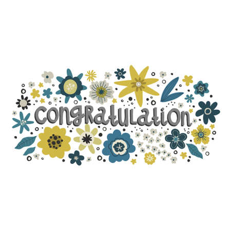 flowers bouquet, lettering words congratulation, vector hand drawing greeting card template...