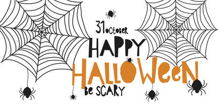 Halloween classic colors black orange, party invitation, banner background, hand drawing vector spider webのイラスト素材