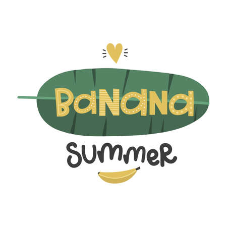 banana summer, bananas and palm trees, vector design template, lettering and doodle, illustration hand drawingのイラスト素材