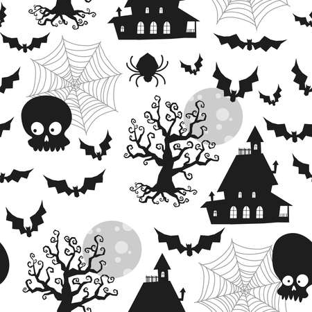 Halloween landscape with a house, classic colors black, seamless pattern, hand drawing vectorのイラスト素材