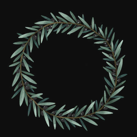 olives branch and leaves, frame template, green herbal set organic nature illustrationの写真素材