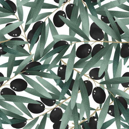 olives branch, green herbal organic nature seamless pattern illustrationの写真素材
