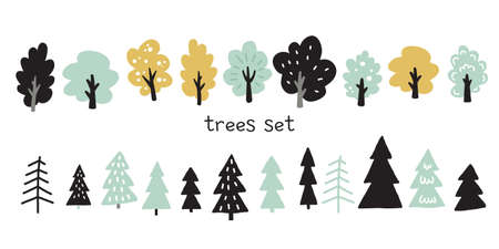 illustration set of different trees cute spruce, vector drawingのイラスト素材