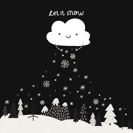 vector cloud and snow falls on forest, christmas winter card, backgroundのイラスト素材