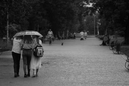 Rainy mood, children under an umbrella on a wide street, boulevardの写真素材
