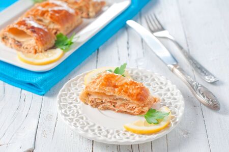 Salt pie with salmon, selective focusの写真素材