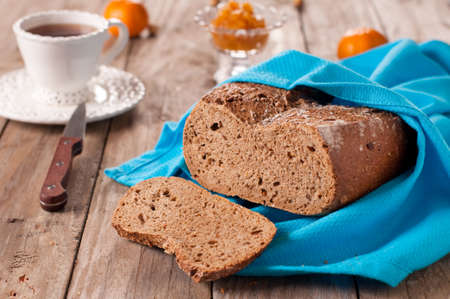 Homemade bread with tea and jam, selective focusの写真素材