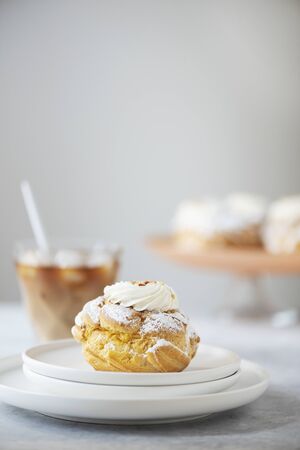 Dessert custard cakes with cream and powdered sugar, selective focus image