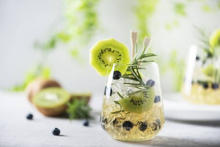 Summer cocktail with kiwi, blueberry, rosemary and ice, selective focusの写真素材