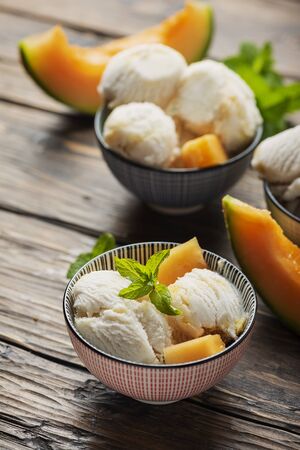 Delisious ice cream with melon and mint, selective focus imageの写真素材
