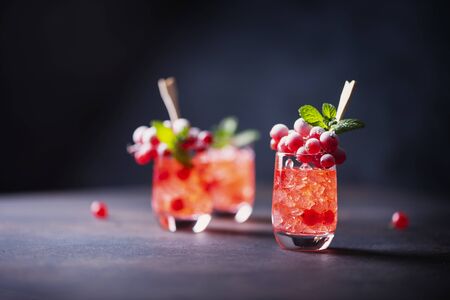 Alcoholic shot with currant, mint and ice, selective focusの写真素材