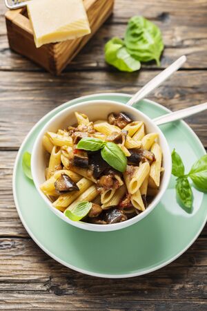 Italian traditional vegetarian pasta with eggplant, tomato and cheese, rustic style and selective focusの写真素材