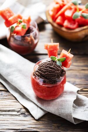 Watermelon sorbet with chocolate ice cream, selective focusの写真素材