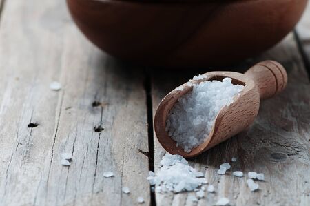 White sea salt fot cooking, selective focus