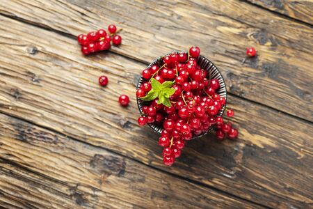 Fresh Red currant with mint on thee wooden table, selective focus imageの写真素材