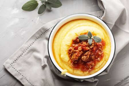 Typical polenta of Lombardy with tomato and meat, selective focusの写真素材