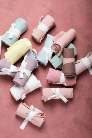 Different colors linen napkins, home decor concept, selective focus image