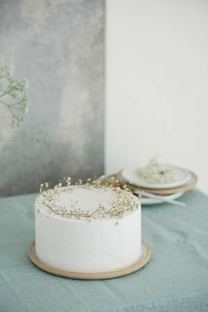 White wedding cake with flowers, selective focus imageの写真素材