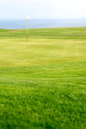 Green on a golf course with a red flag on a yellow flag pole.の写真素材
