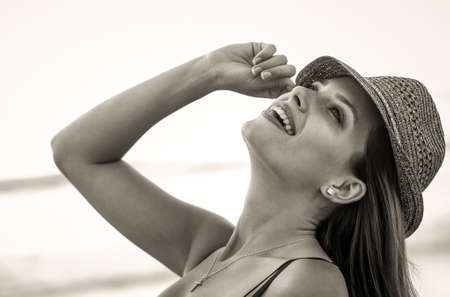 Black and white photo of a relaxed modelの写真素材