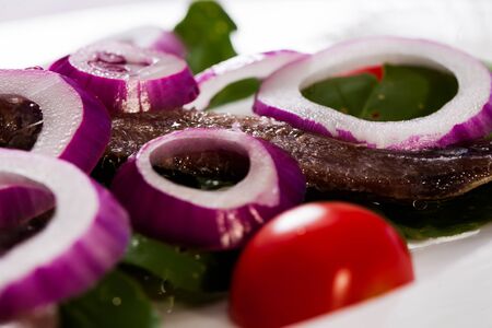 Anchovy with red onion and salad with tomato.の写真素材