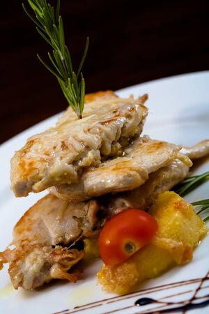 Three layers of chicken with pineapple and tomatoes.の写真素材