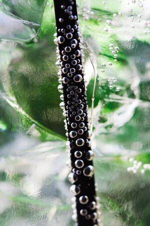 Straw in a drink with bubbles all around.の写真素材