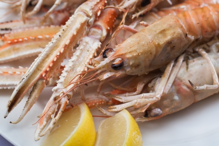 A big plate of prawns are being served with lemon.の写真素材