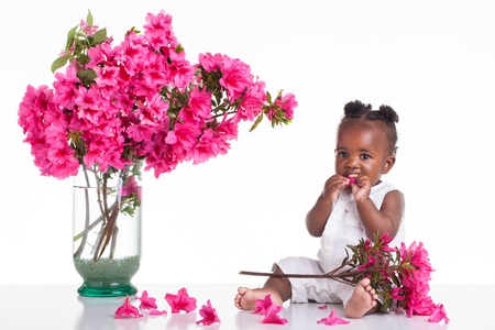 Black baby girl eating a pink flower.の写真素材